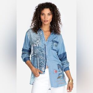 Johnny Was Workshop Mixed Raw Edge Button Down Shirt